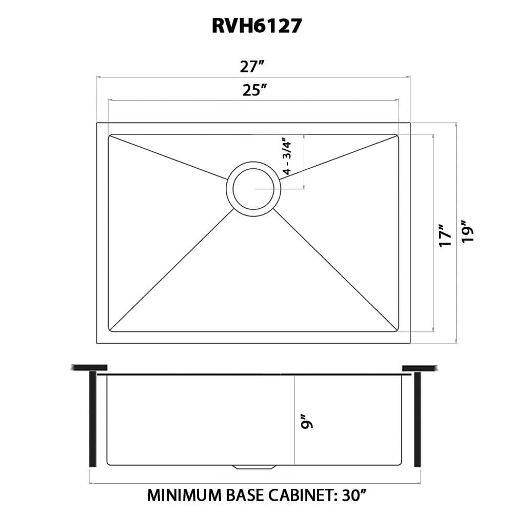 Dimensions Image for Ruvati Terraza 27" Undermount Stainless Steel Kitchen Sink, Brass Tone Matte Gold, 16 Gauge, RVH6127GG