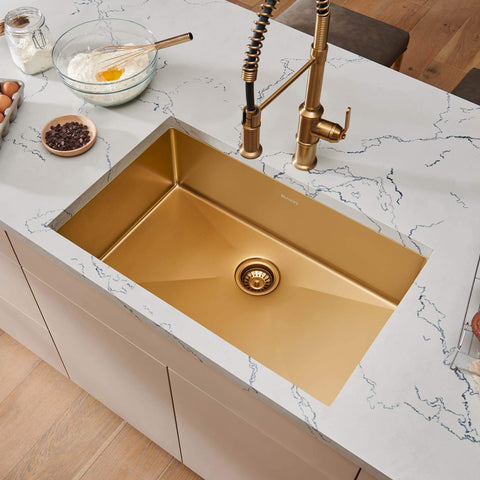 Main Image of Ruvati Terraza 27" Undermount Stainless Steel Kitchen Sink, Brass Tone Matte Gold, 16 Gauge, RVH6127GG