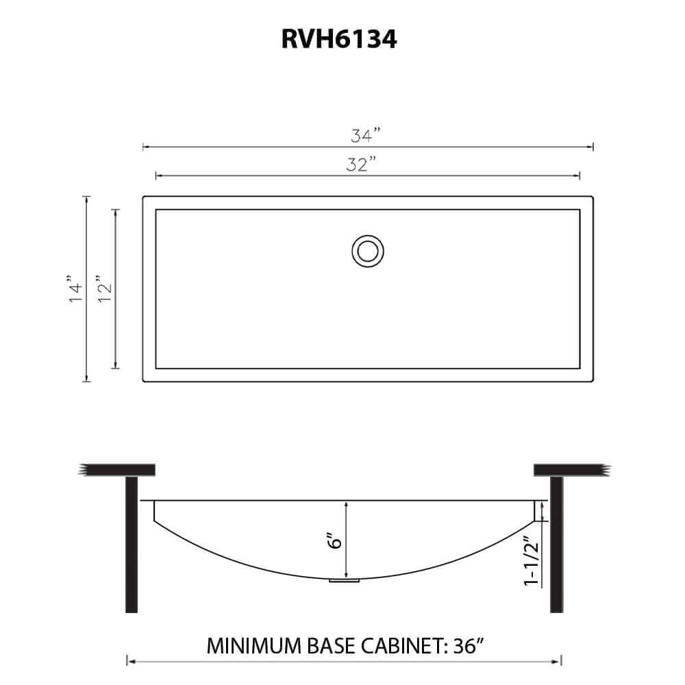 Dimensions Image for Ruvati Ariaso 34 x 14 inch Brushed Stainless Steel Rectangular Bathroom Sink Undermount, 16, RVH6134ST