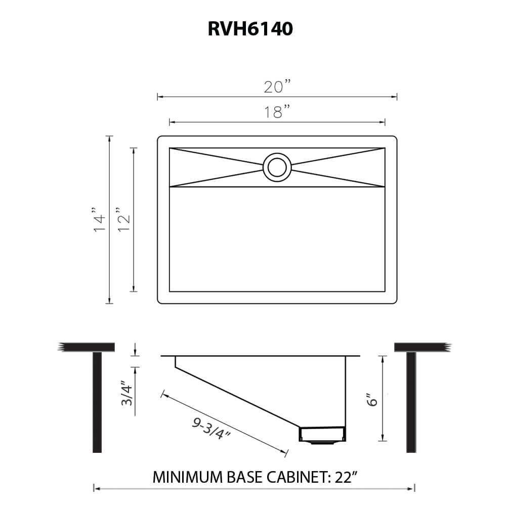 Dimensions Image for Ruvati Cresta 20 x 14 inch Gunmetal Black Stainless Steel Undermount Ramp Bathroom Sink Stainless Steel, 16, RVH6140BL
