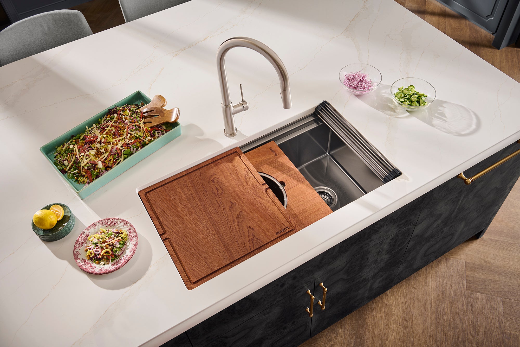 Ruvati Dual-Tier Pro 33-inch Gunmetal Black Stainless Steel Workstation Two-Tiered Ledge Kitchen Sink Undermount, 16, RVH6222BL