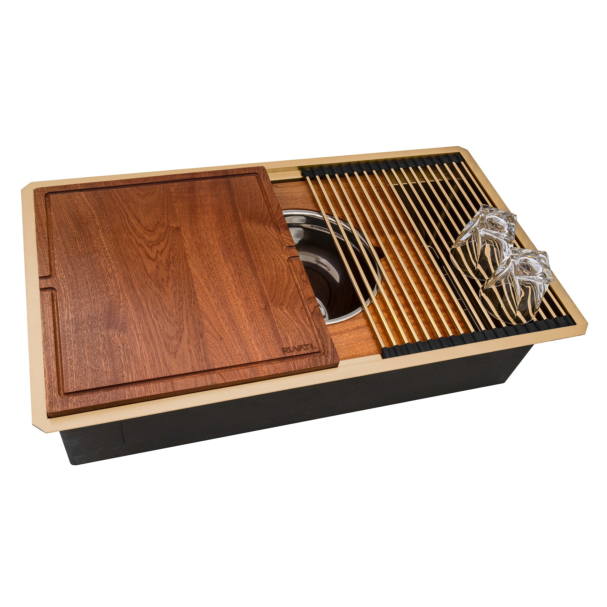 Ruvati Dual-Tier Pro 33-inch Polished Brass Matte Gold Stainless Steel Workstation Two-Tiered Ledge Undermount Kitchen Sink, 16, Matte Gold Satin Brass, RVH6222GG