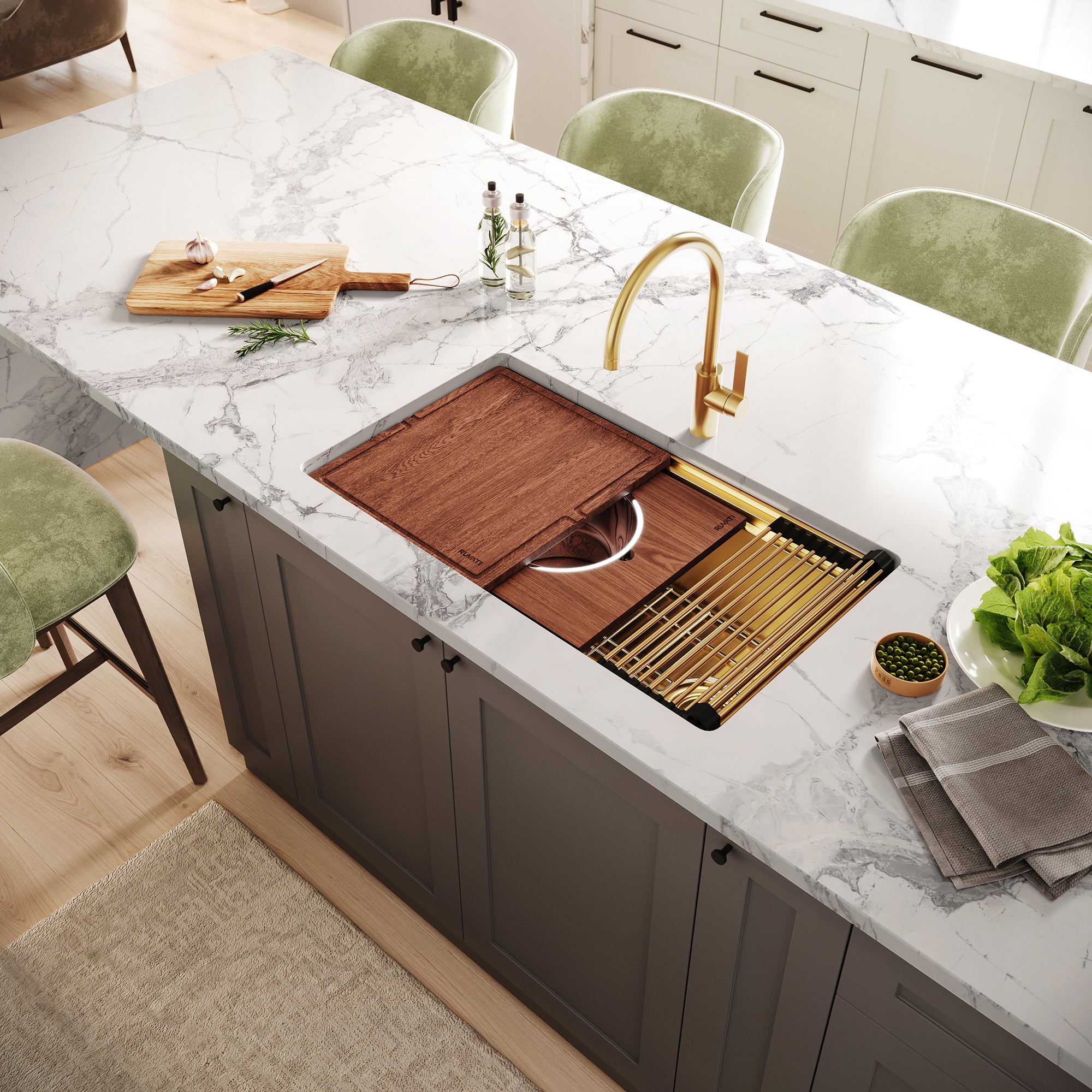 Ruvati Dual-Tier Pro 33-inch Polished Brass Matte Gold Stainless Steel Workstation Two-Tiered Ledge Undermount Kitchen Sink, 16, Matte Gold Satin Brass, RVH6222GG