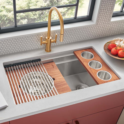 Ruvati Dual-Tier Pro 33-inch Workstation Two-Tiered Double Ledge Kitchen Sink Undermount 16 Gauge Stainless Steel, 16, RVH6222ST