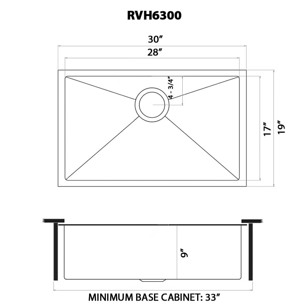 Dimensions Image for Ruvati Terraza 30" Undermount Stainless Steel Kitchen Sink, Brass Tone Matte Gold, 16 Gauge, RVH6300GG