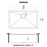 Dimensions for Ruvati Terraza 30" Undermount Stainless Steel Kitchen Sink, Gunmetal Matte Black, 16 Gauge, RVH6300BL