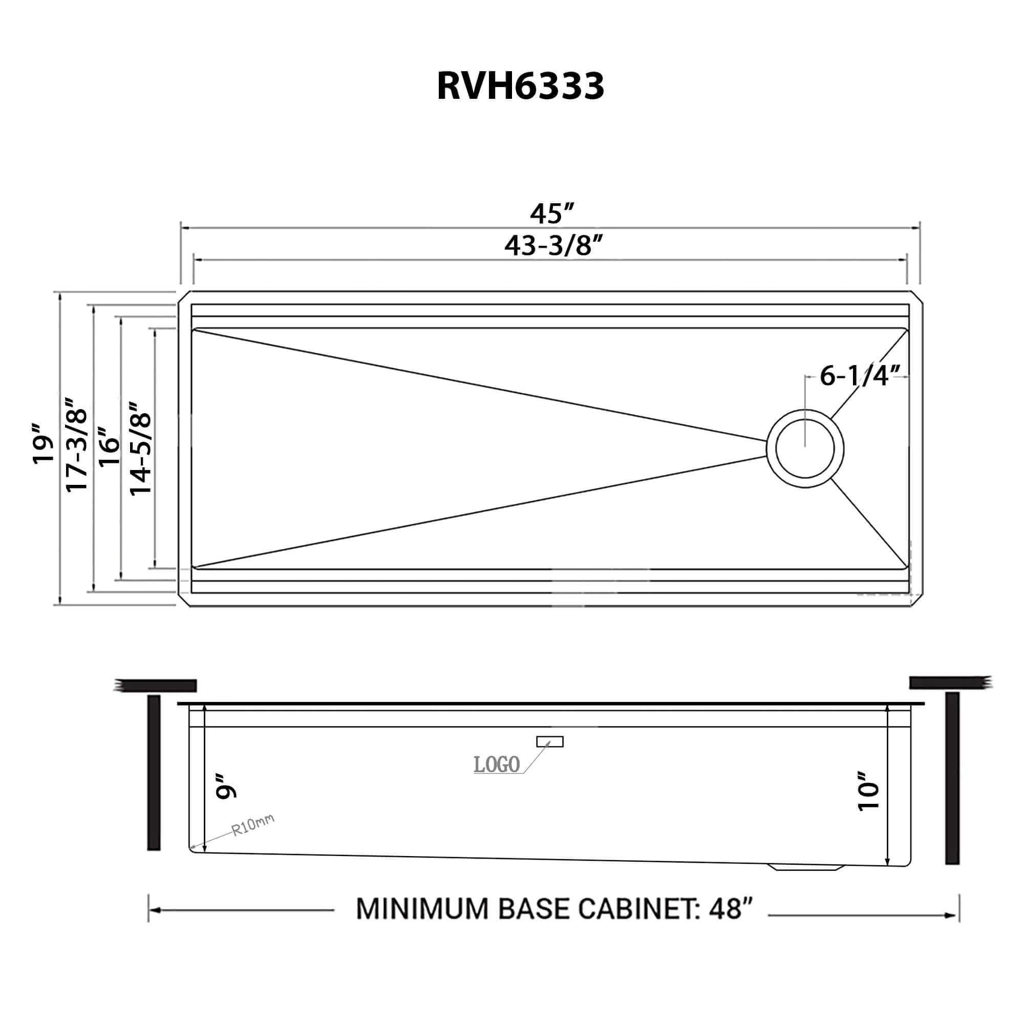 Dimensions Image for Ruvati Dual-Tier Pro 45-inch Workstation Two-Tiered Double Ledge Kitchen Sink Undermount 16 Gauge Stainless Steel, 16, RVH6333ST