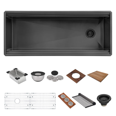 Ruvati Dual-Tier Pro 45-inch Gunmetal Black Stainless Steel Workstation Two-Tiered Ledge Undermount Kitchen Sink, 16, RVH6333BL