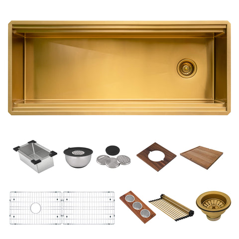 Ruvati Dual-Tier Pro 45" Undermount Polished Brass Matte Gold, Stainless Steel Workstation Kitchen Sink, 16 Gauge, RVH6333GG