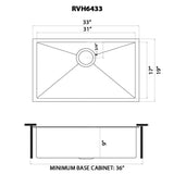 Dimensions Image for Ruvati Terraza 33" Undermount Stainless Steel Kitchen Sink, Gunmetal Matte Black, 16 Gauge, RVH6433BL