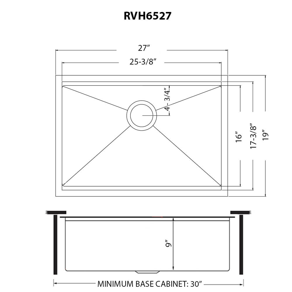 Dimensions Image for Ruvati Giana 27" Undermount Stainless Steel Workstation Kitchen Sink, Matte Gold Brass Tone, 16 Gauge, RVH6527GG