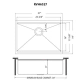 Dimensions Image for Ruvati Giana 27" Undermount Stainless Steel Workstation Kitchen Sink, Gunmetal Matte Black, 16 Gauge, RVH6527BL