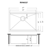 Dimensions for Ruvati Giana 27" Undermount Stainless Steel Workstation Kitchen Sink, Gunmetal Matte Black, 16 Gauge, RVH6527BL