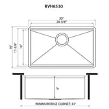 Dimensions Image for Ruvati Giana 30-inch Gunmetal Black Stainless Steel Workstation Undermount Kitchen Sink Single Bowl, 16, RVH6530BL