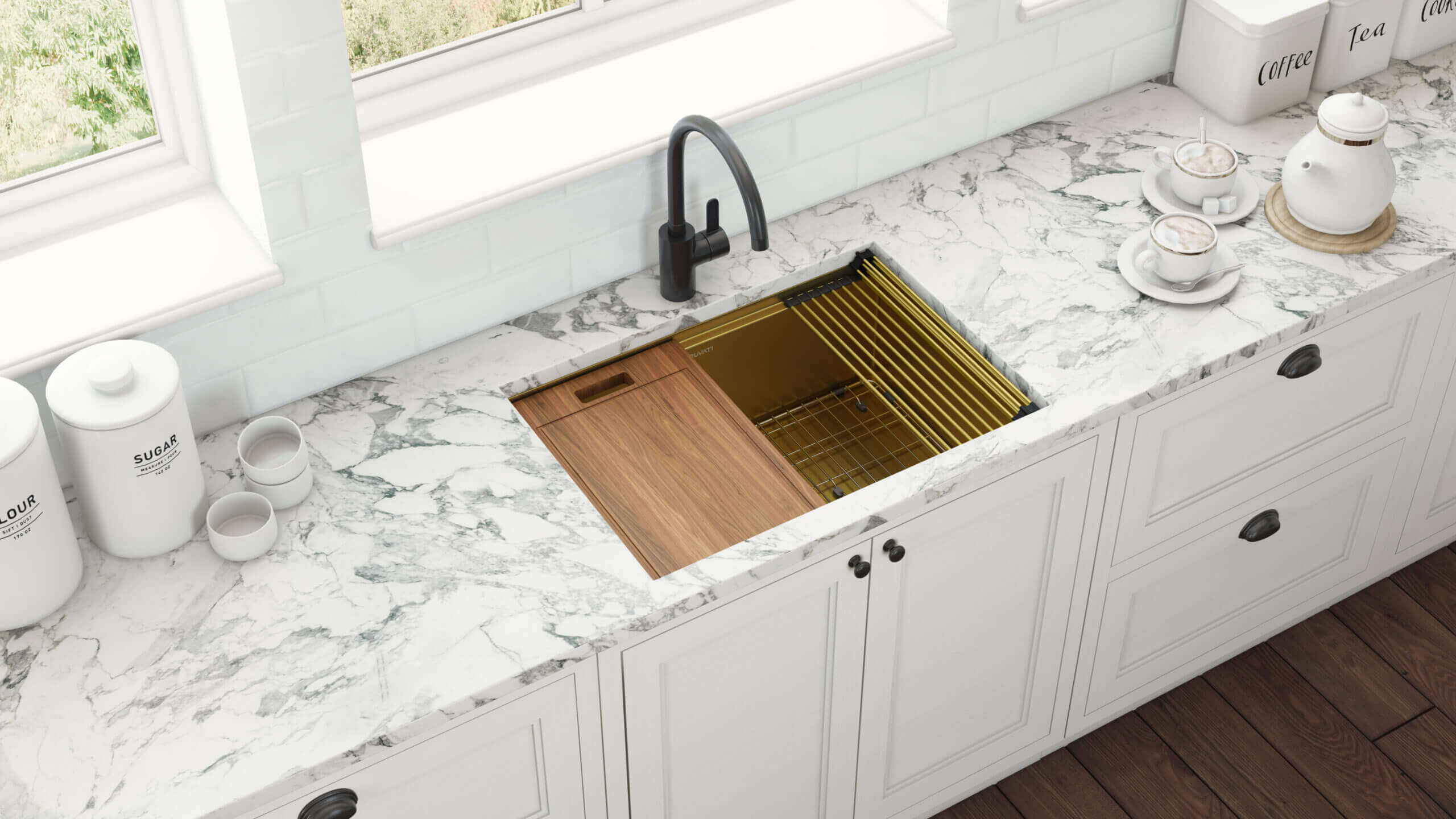Alternative View of Ruvati Giana 30-inch Polished Brass Matte Gold Workstation Undermount Kitchen Sink Single Bowl, Stainless Steel, 16, Matte Gold Satin Brass, RVH6530GG