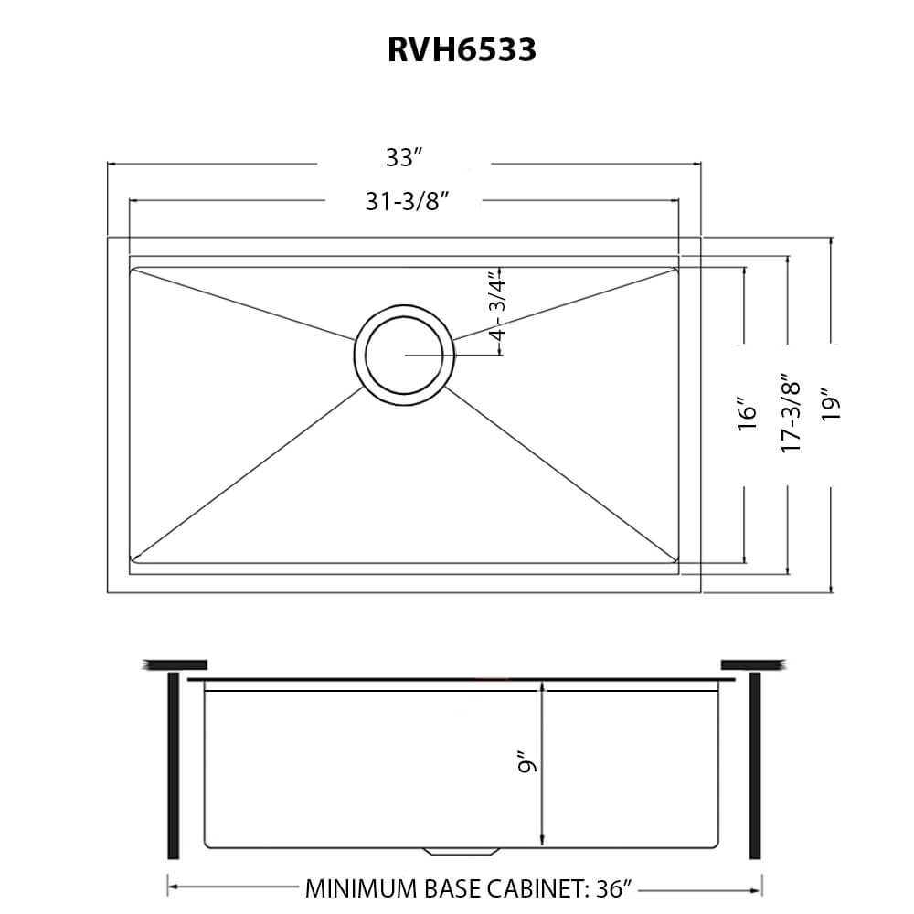 Dimensions Image for Ruvati Giana 33" Undermount Stainless Steel Workstation Kitchen Sink, Matte Gold Brass Tone, 16 Gauge, RVH6533GG