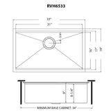 Dimensions for Ruvati Giana 33" Undermount Stainless Steel Workstation Kitchen Sink, Gunmetal Matte Black, 16 Gauge, RVH6533BL