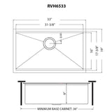 Dimensions Image for Ruvati Giana 33" Undermount Stainless Steel Workstation Kitchen Sink, Gunmetal Matte Black, 16 Gauge, RVH6533BL