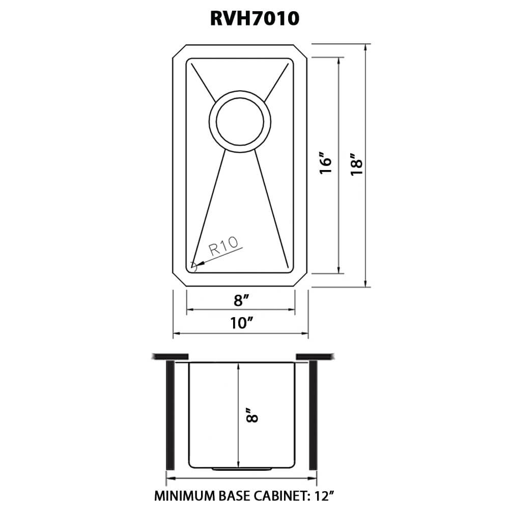 Dimensions Image for Ruvati Gravena 10" Undermount Rectangle Stainless Steel Bar/Prep Sink, 16 Gauge, Round Corners, RVH7010