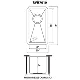 Dimensions for Ruvati Gravena 10" Undermount Rectangle Stainless Steel Bar/Prep Sink, 16 Gauge, Round Corners, RVH7010