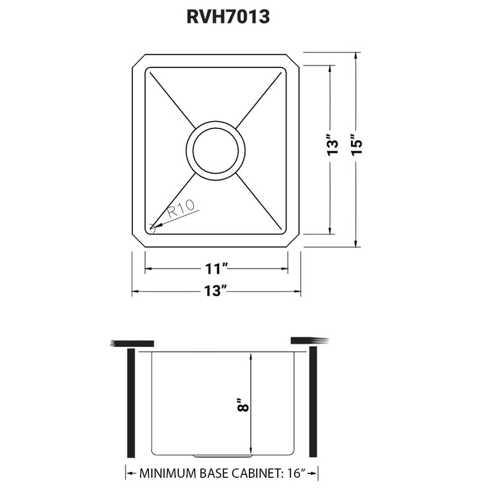 Dimensions Image for Ruvati Gravena 13" Undermount Rectangle Stainless Steel Bar/Prep Sink, 16 Gauge, Round Corners, RVH7013