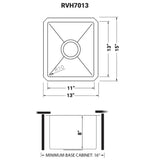 Dimensions for Ruvati Gravena 13" Undermount Rectangle Stainless Steel Bar/Prep Sink, 16 Gauge, Round Corners, RVH7013