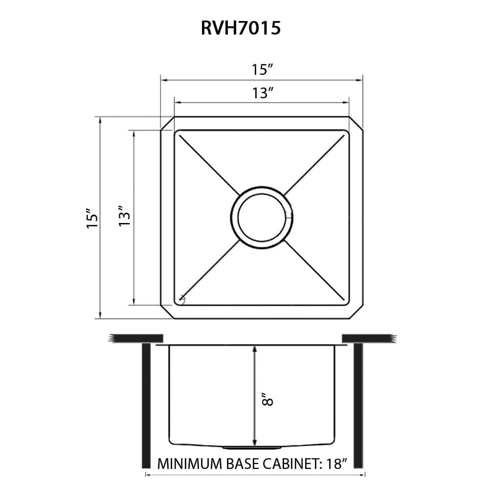 Dimensions Image for Ruvati Gravena 15" Undermount Square Stainless Steel Bar/Prep Sink, 16 Gauge, Round Corners, RVH7015