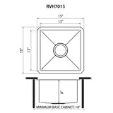 Dimensions for Ruvati Gravena 15" Undermount Square Stainless Steel Bar/Prep Sink, 16 Gauge, Round Corners, RVH7015