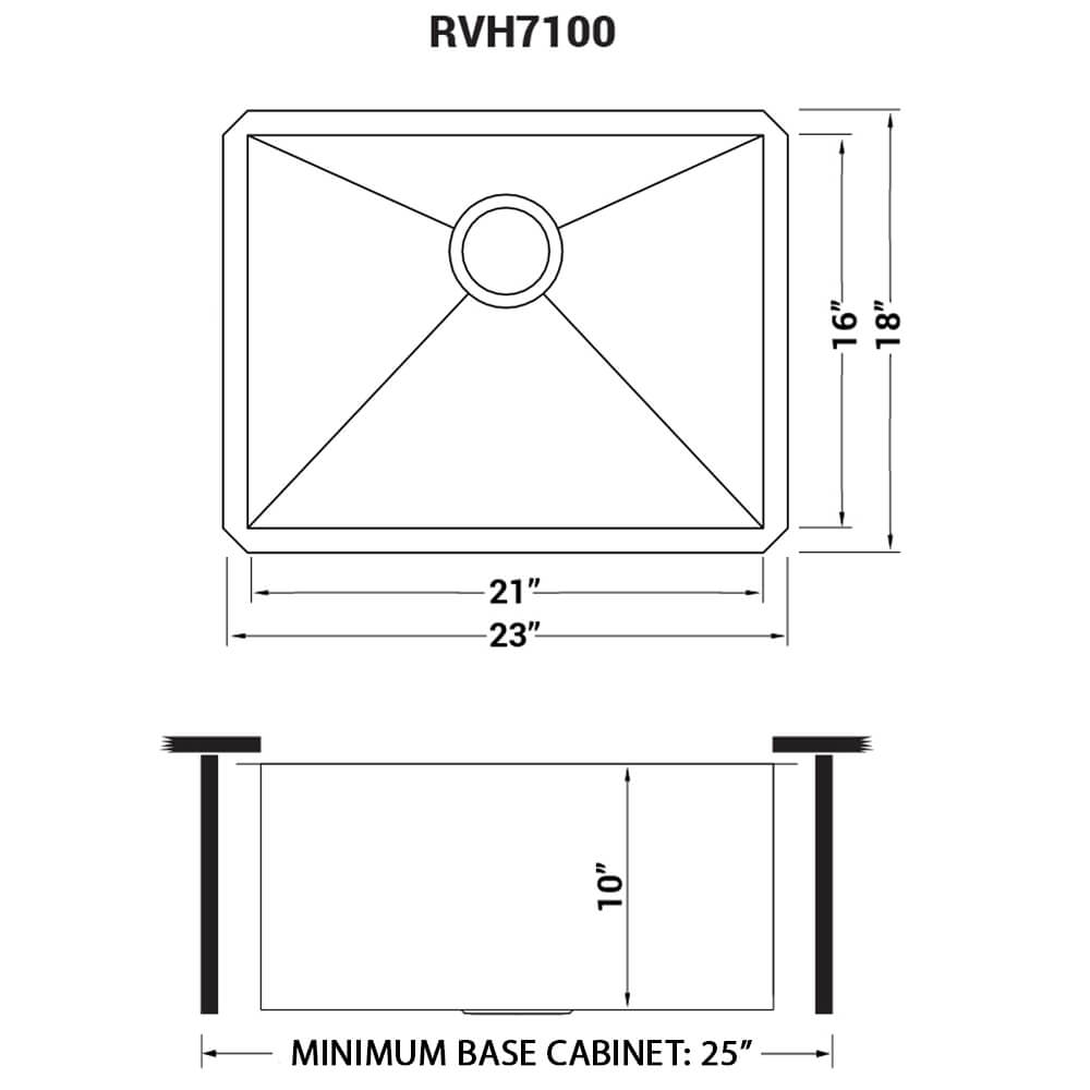 Dimensions Image for Ruvati Nesta 23" Undermount Stainless Steel Kitchen Sink, 16 Gauge, Zero Radius, RVH7100