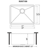 Dimensions for Ruvati Nesta 23" Undermount Stainless Steel Kitchen Sink, 16 Gauge, Zero Radius, RVH7100