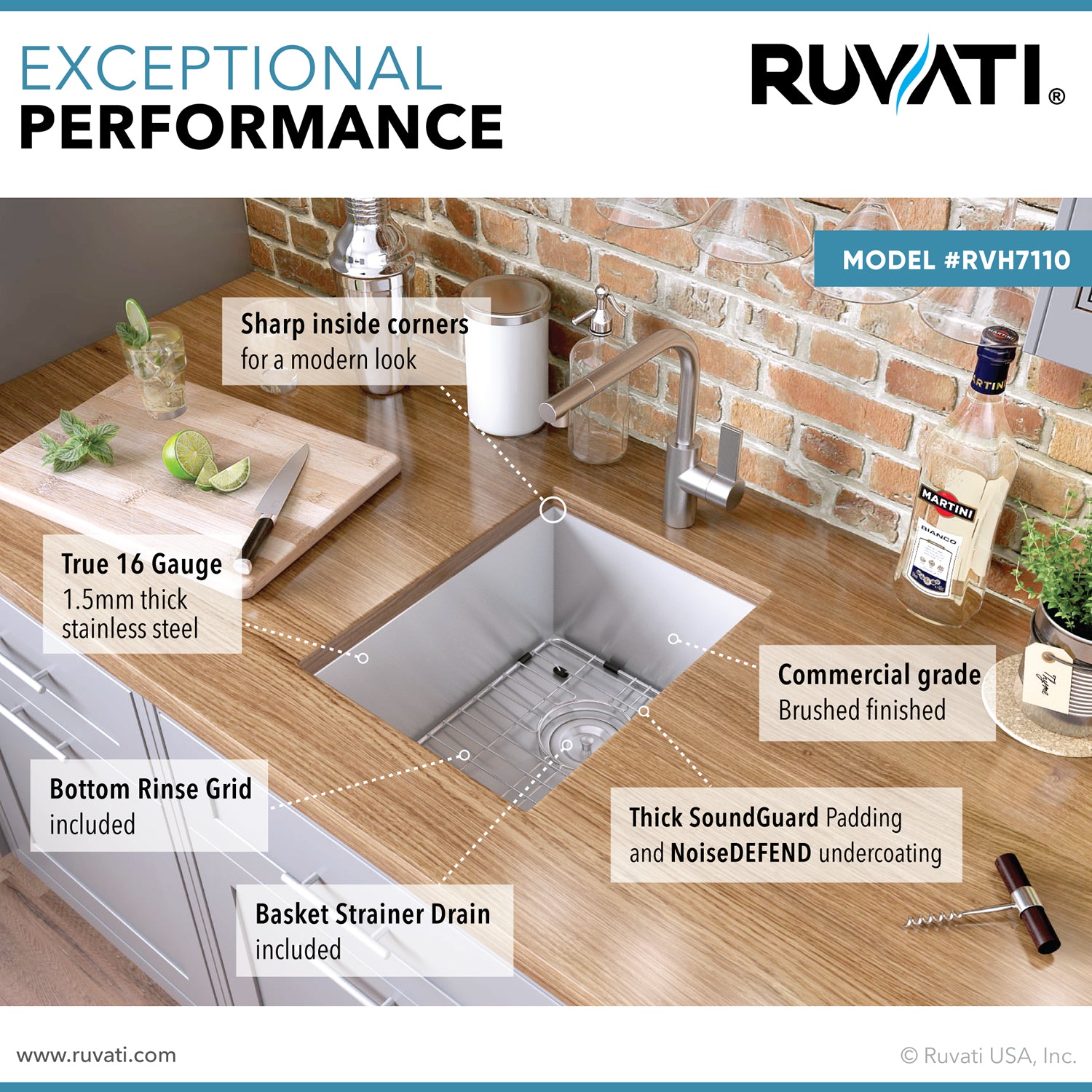 Alternative View of Ruvati Nesta 14" Undermount Rectangle Stainless Steel Bar/Prep Sink, 16 Gauge, Zero Radius, RVH7110