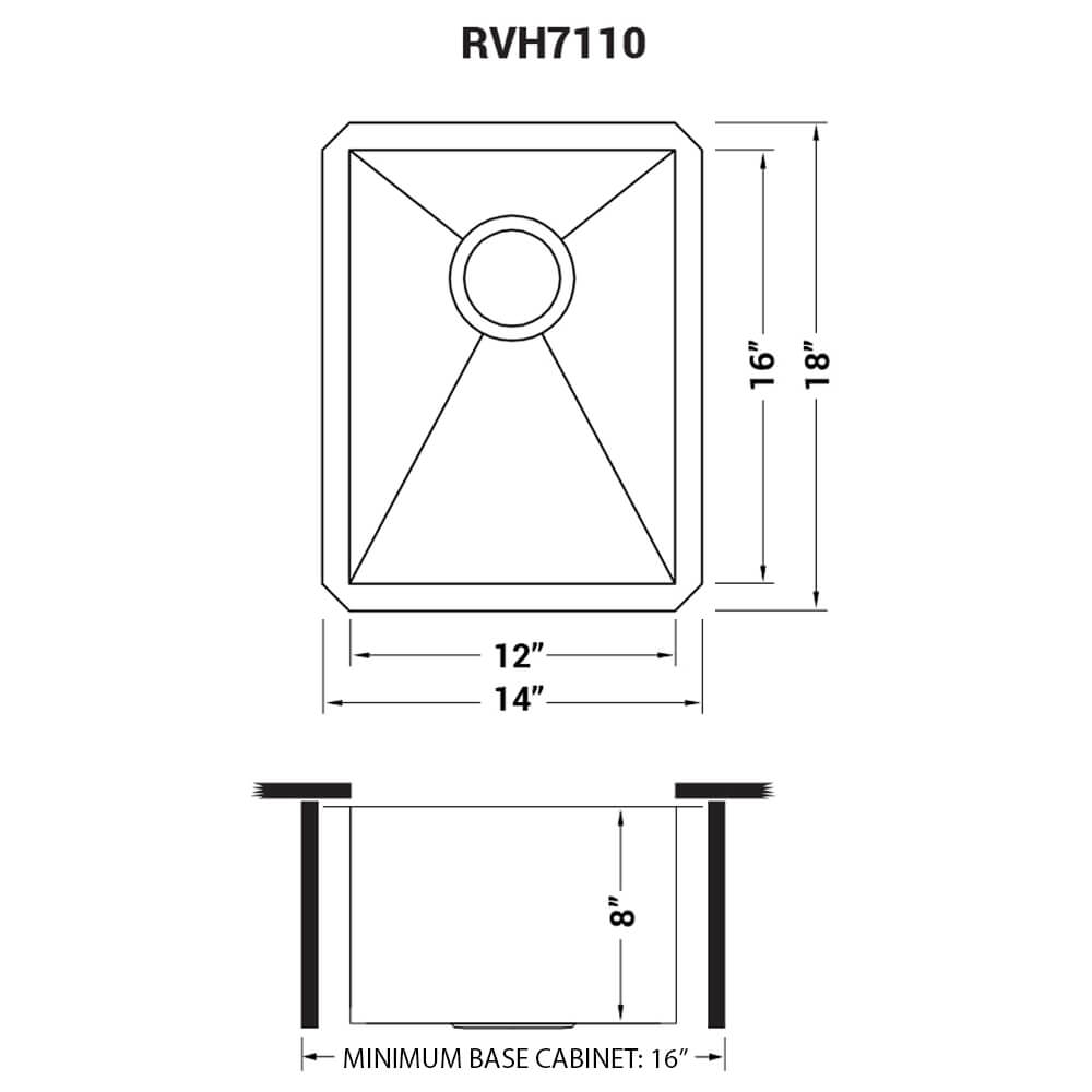 Dimensions Image for Ruvati Nesta 14" Undermount Rectangle Stainless Steel Bar/Prep Sink, 16 Gauge, Zero Radius, RVH7110
