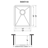 Dimensions for Ruvati Nesta 14" Undermount Rectangle Stainless Steel Bar/Prep Sink, 16 Gauge, Zero Radius, RVH7110