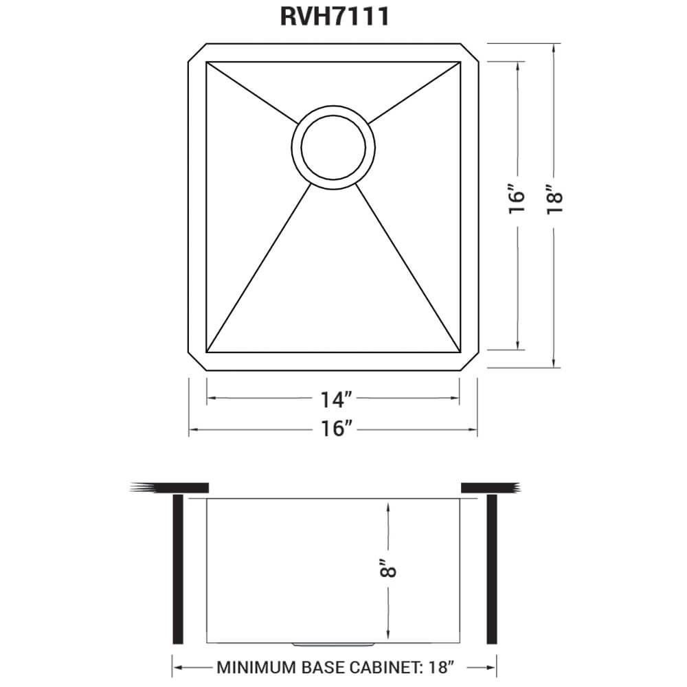 Dimensions Image for Ruvati Nesta 16" Undermount Rectangle Stainless Steel Bar/Prep Sink, 16 Gauge, Zero Radius, RVH7111