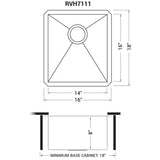 Dimensions for Ruvati Nesta 16" Undermount Rectangle Stainless Steel Bar/Prep Sink, 16 Gauge, Zero Radius, RVH7111