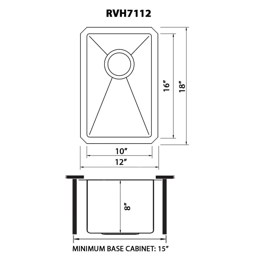 Dimensions Image for Ruvati Gravena 12" Undermount Rectangle Stainless Steel Bar/Prep Sink, 16 Gauge, Round Corners, RVH7112