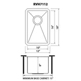 Dimensions for Ruvati Gravena 12" Undermount Rectangle Stainless Steel Bar/Prep Sink, 16 Gauge, Round Corners, RVH7112