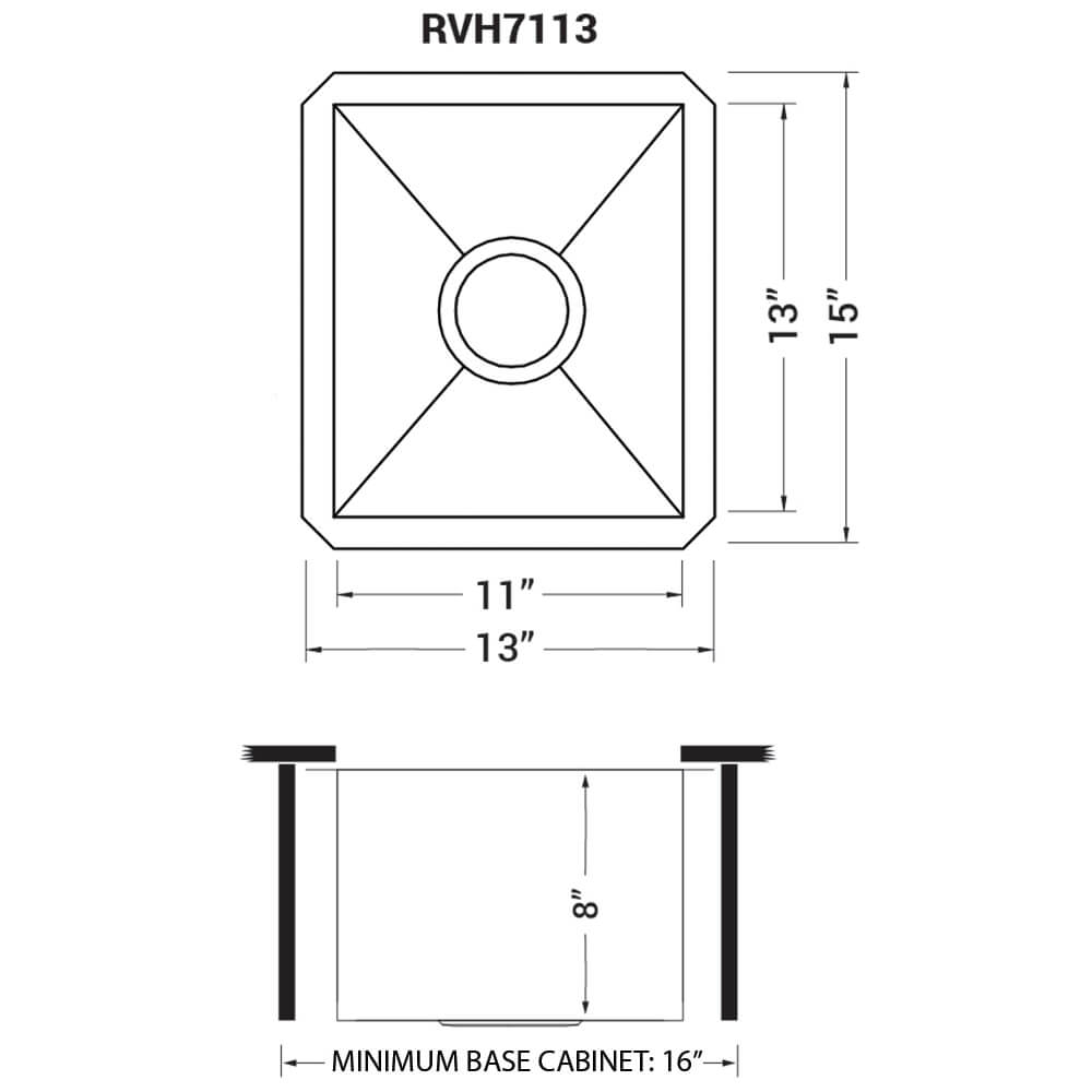 Dimensions Image for Ruvati Nesta 13" Undermount Rectangle Stainless Steel Bar/Prep Sink, 16 Gauge, Zero Radius, RVH7113