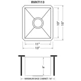 Dimensions for Ruvati Nesta 13" Undermount Rectangle Stainless Steel Bar/Prep Sink, 16 Gauge, Zero Radius, RVH7113