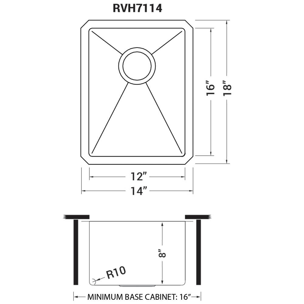 Dimensions Image for Ruvati Gravena 14" Undermount Rectangle Stainless Steel Bar/Prep Sink, 16 Gauge, Rounded Corners, RVH7114