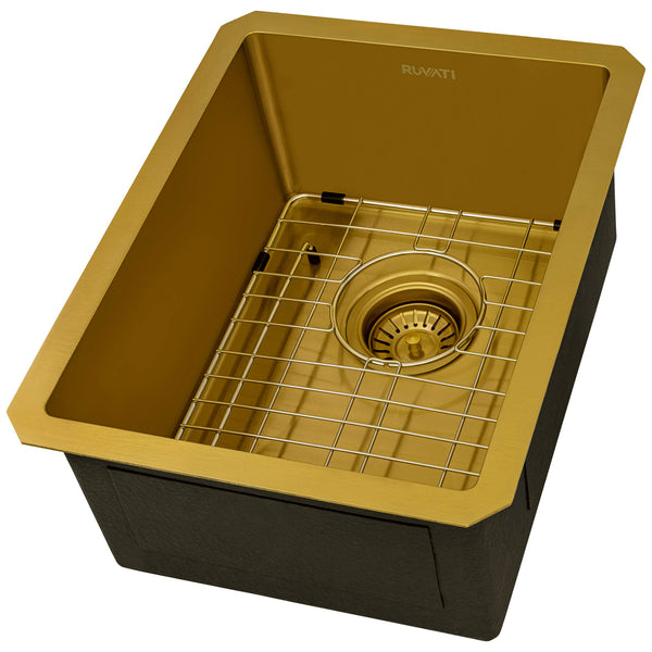 Ruvati Terraza 14-inch Polished Brass Matte Gold Stainless Steel Undermount Bar Prep Sink, 16, Matte Gold Satin Brass, RVH7114GG
