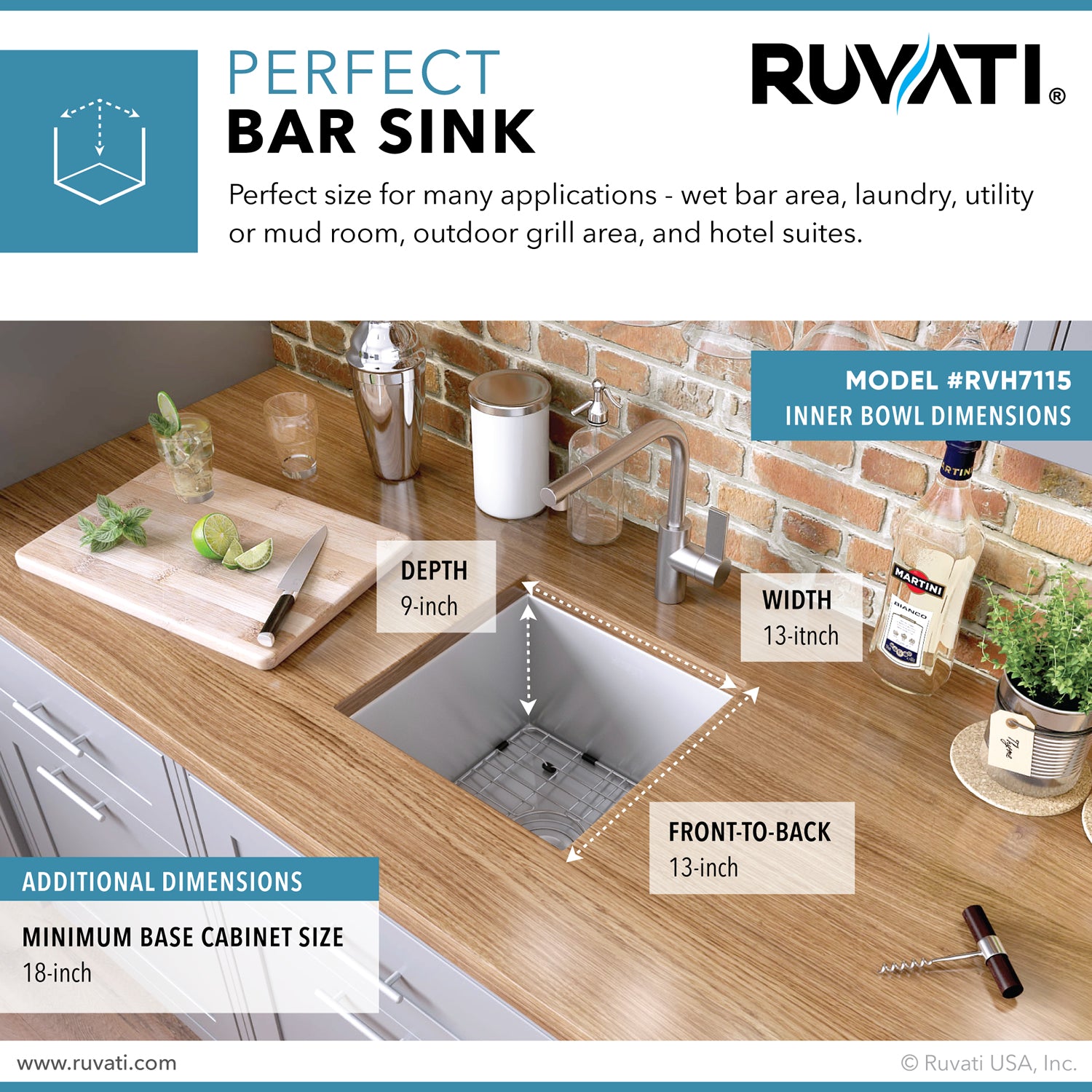 Alternative View of Ruvati Nesta 15" Undermount Square Stainless Steel Bar/Prep Sink, 16 Gauge, Zero Radius, RVH7115