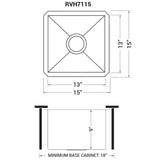 Dimensions for Ruvati Nesta 15" Undermount Square Stainless Steel Bar/Prep Sink, 16 Gauge, Zero Radius, RVH7115