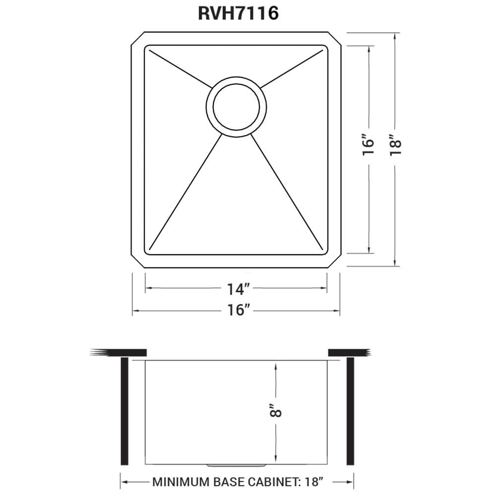 Dimensions Image for Ruvati Gravena 16" Undermount Rectangle Stainless Steel Bar/Prep Sink, 16 Gauge, Rounded Corners, RVH7116