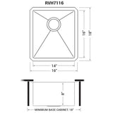 Dimensions for Ruvati Gravena 16" Undermount Rectangle Stainless Steel Bar/Prep Sink, 16 Gauge, Rounded Corners, RVH7116