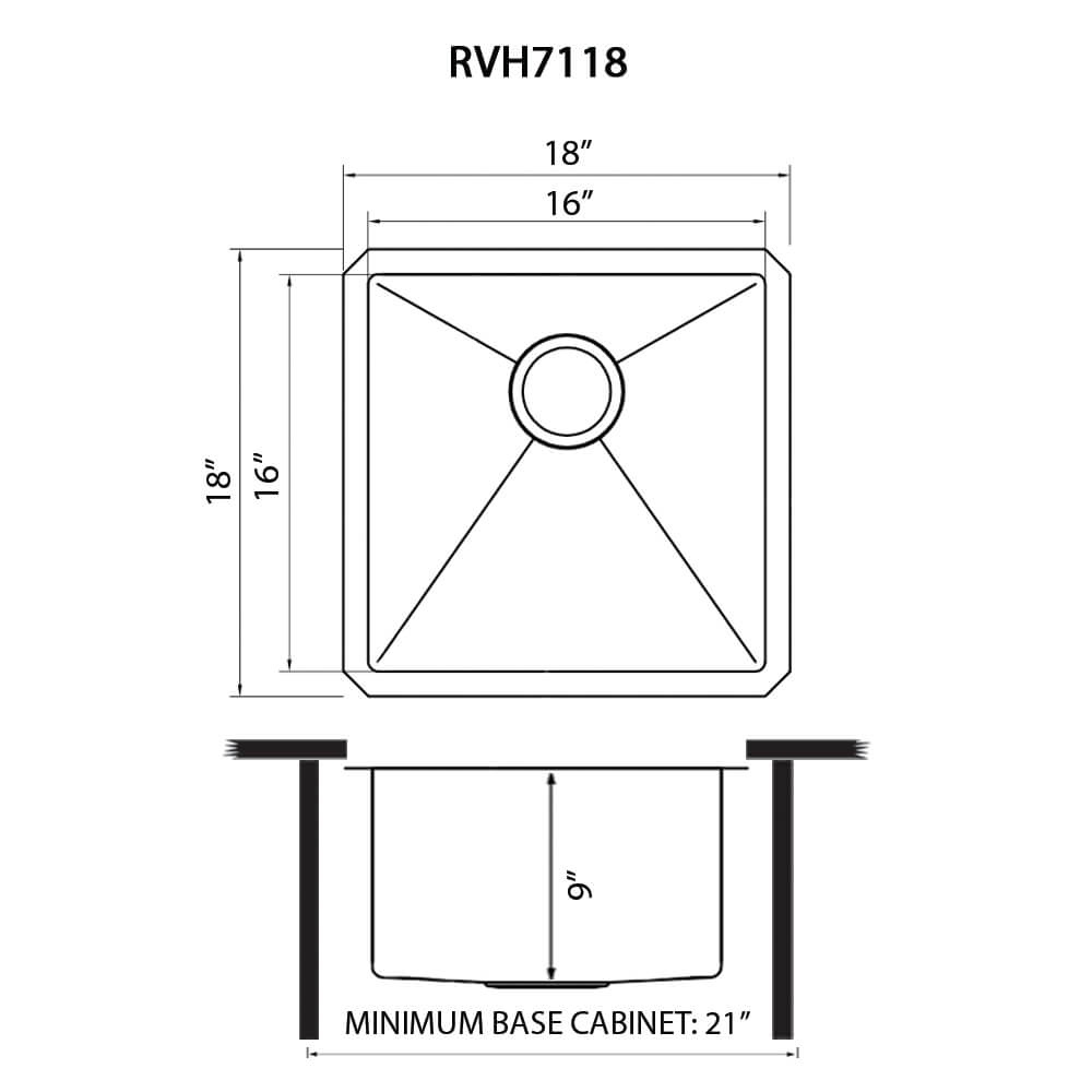 Dimensions Image for Ruvati Gravena 18" Undermount Square Stainless Steel Bar/Prep Sink, 16 Gauge, Round Corners, RVH7118