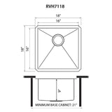 Dimensions for Ruvati Gravena 18" Undermount Square Stainless Steel Bar/Prep Sink, 16 Gauge, Round Corners, RVH7118