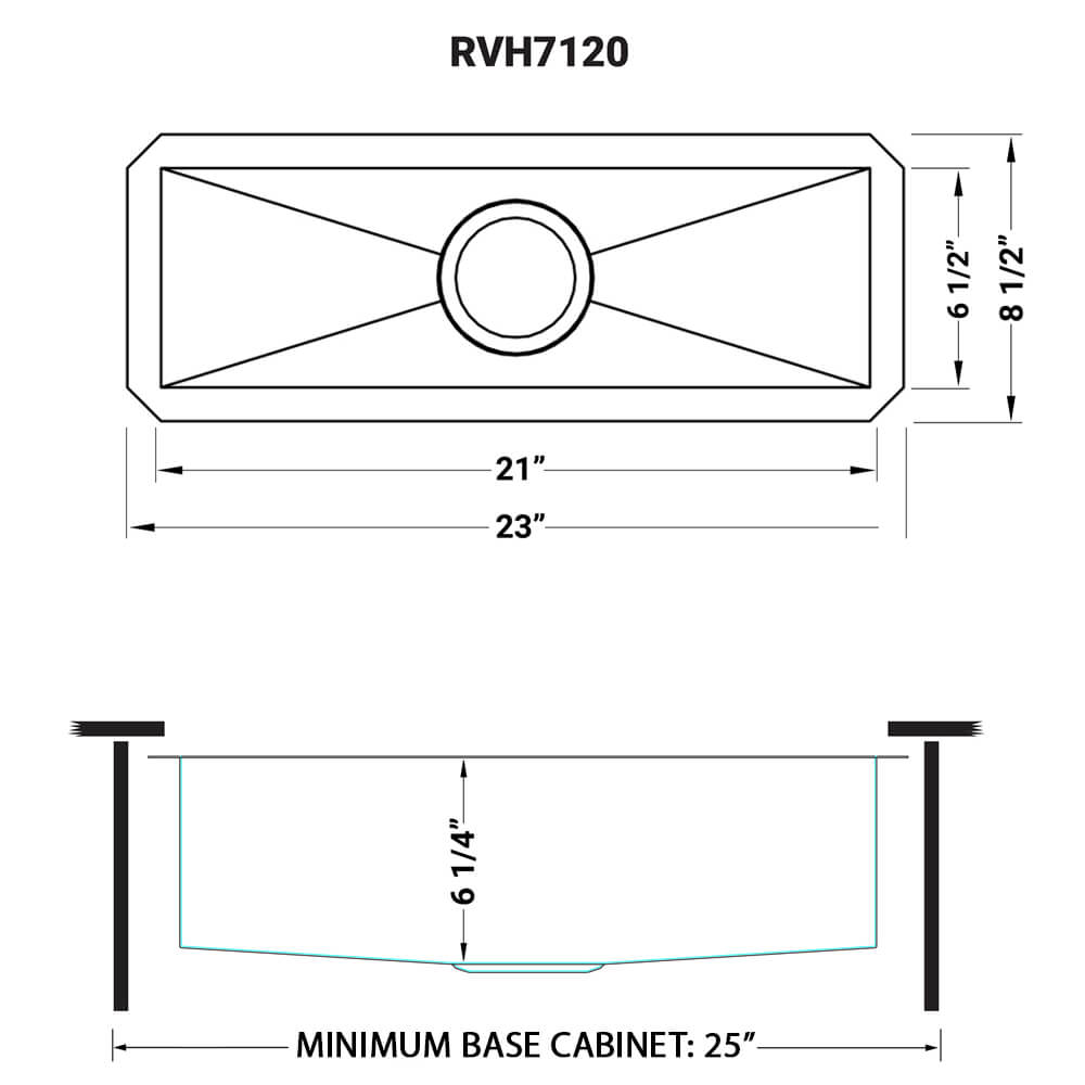 Dimensions Image for Ruvati Nesta 23" Narrow Trough Undermount Rectangle Stainless Steel Bar/Prep Sink, 16 Gauge, RVH7120