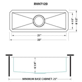 Dimensions for Ruvati Nesta 23" Narrow Trough Undermount Rectangle Stainless Steel Bar/Prep Sink, 16 Gauge, RVH7120