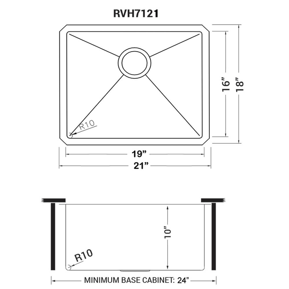 Dimensions Image for Ruvati Gravena 21" Undermount Rectangle Stainless Steel Bar/Prep Sink, 16 Gauge, Rounded Corners, RVH7121